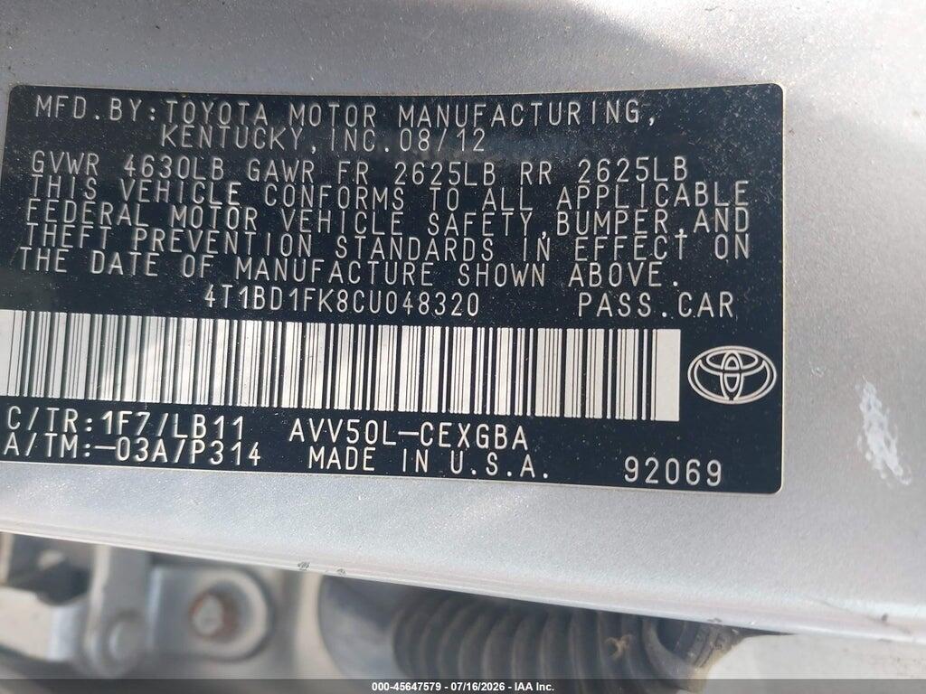 4T1BD1FK8CU048320 2012 TOYOTA CAMRY HYBRID photo no. 9