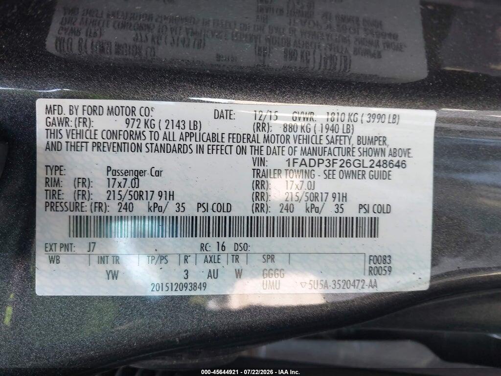 1FADP3F26GL248646 2016 FORD FOCUS photo no. 9