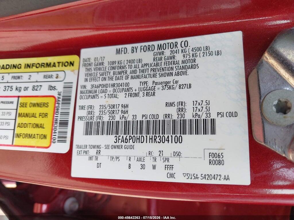 3FA6P0HD1HR304100 2017 FORD FUSION photo no. 9