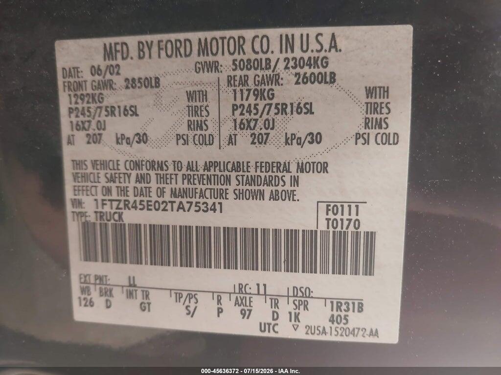 1FTZR45E02TA75341 2002 FORD RANGER photo no. 9