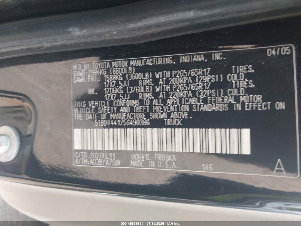 5TBDT44175S490386 2005 TOYOTA TUNDRA photo no. 9