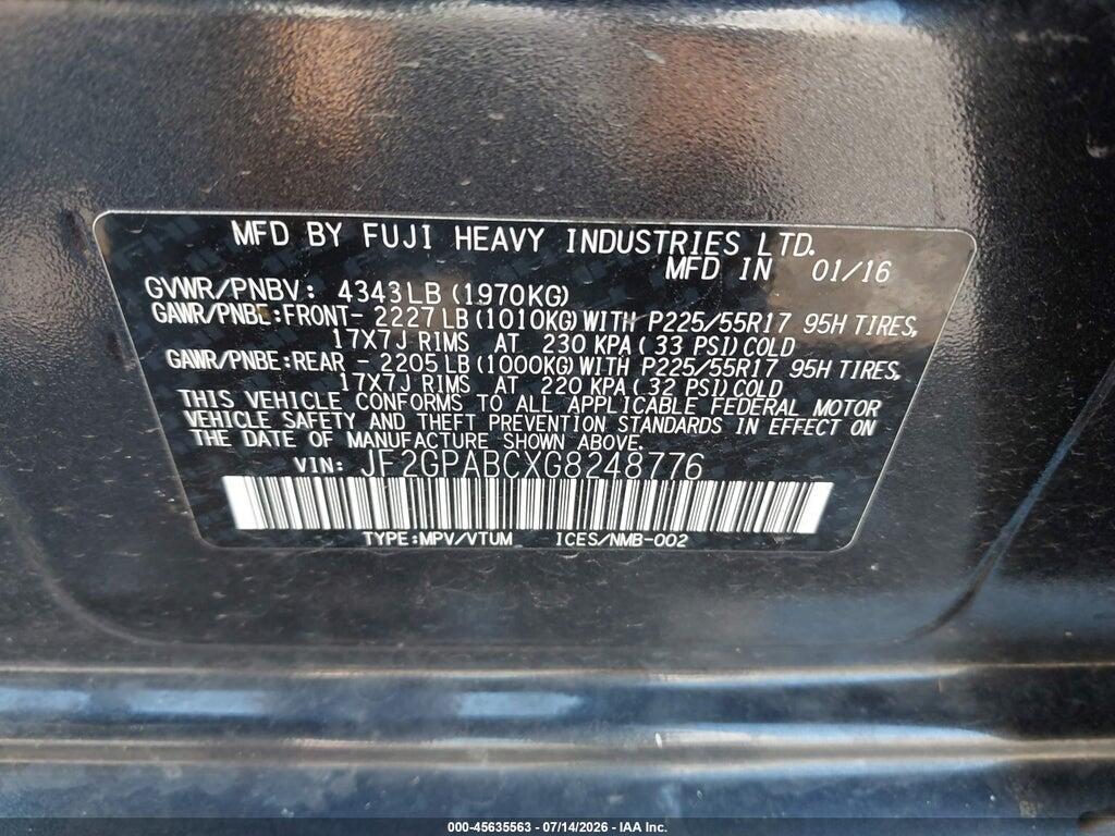 JF2GPABCXG8248776 2016 SUBARU CROSSTREK photo no. 9