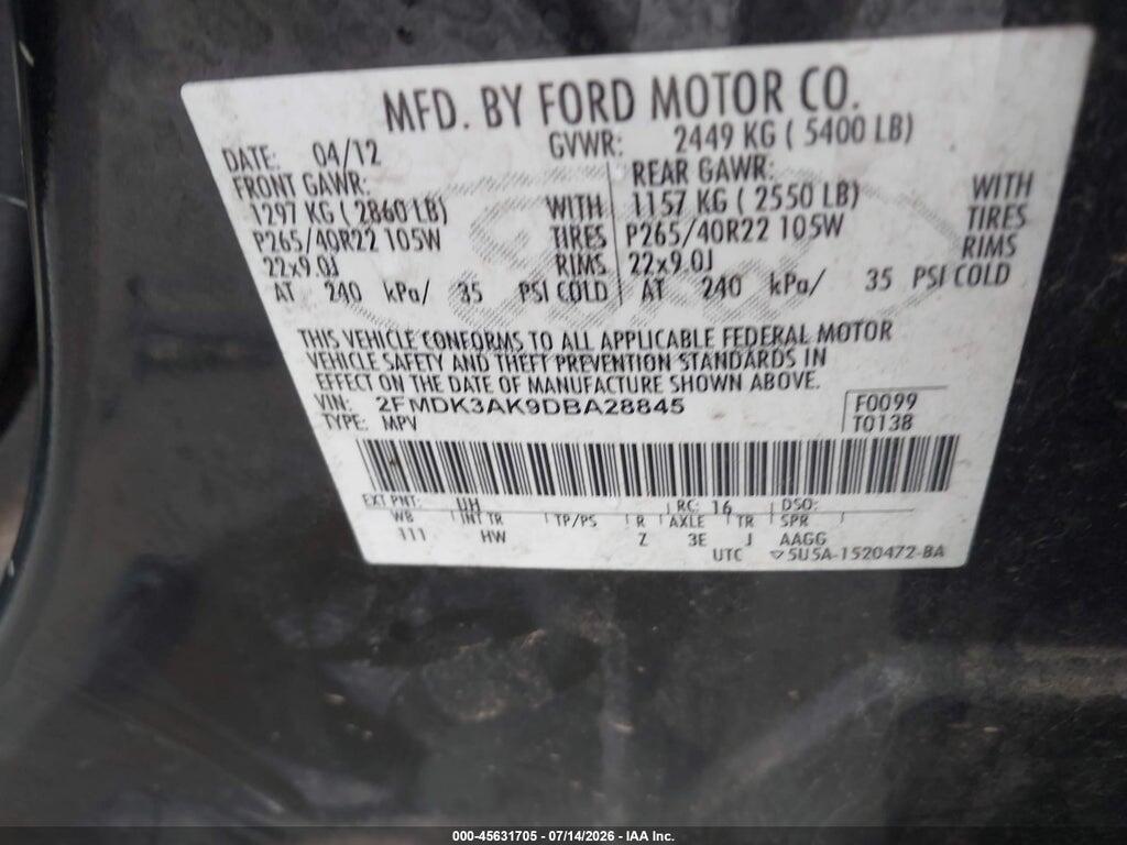 2FMDK3AK9DBA28845 2013 FORD EDGE photo no. 9