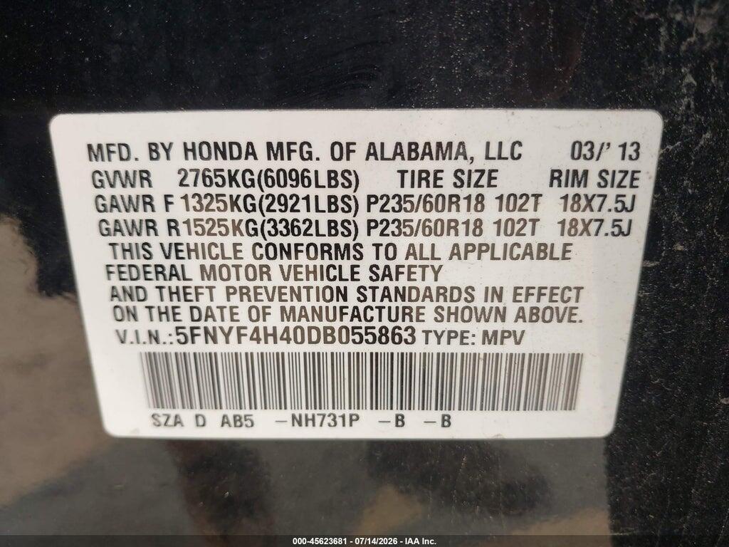 5FNYF4H40DB055863 2013 HONDA PILOT photo no. 9