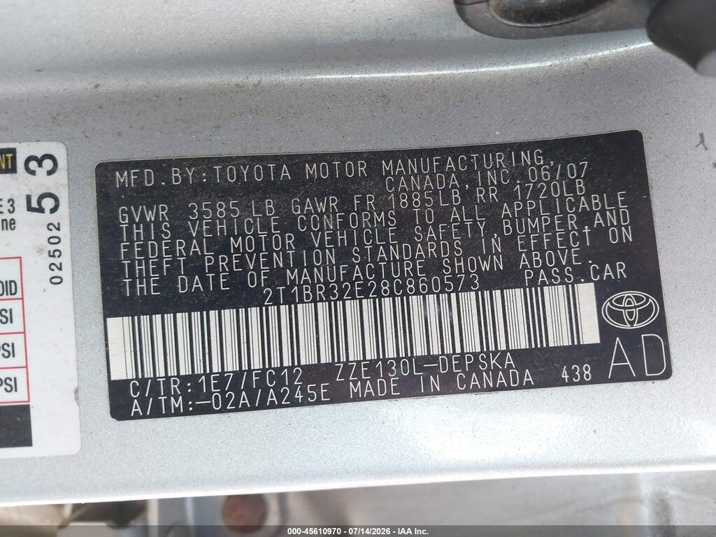 2T1BR32E28C860573 2008 TOYOTA COROLLA photo no. 9