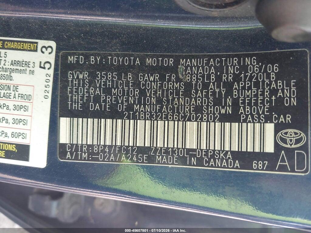 2T1BR32E66C702802 2006 TOYOTA COROLLA photo no. 9