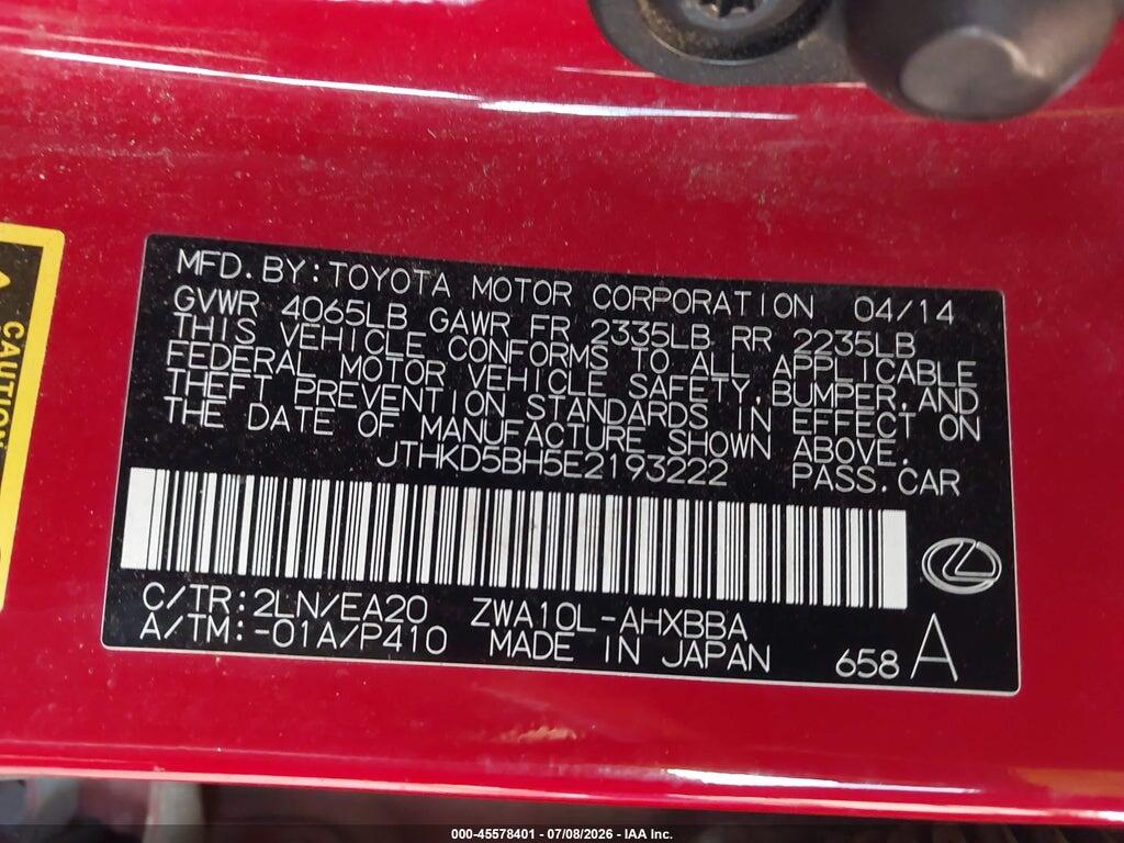 JTHKD5BH5E2193222 2014 LEXUS CT 200H photo no. 9