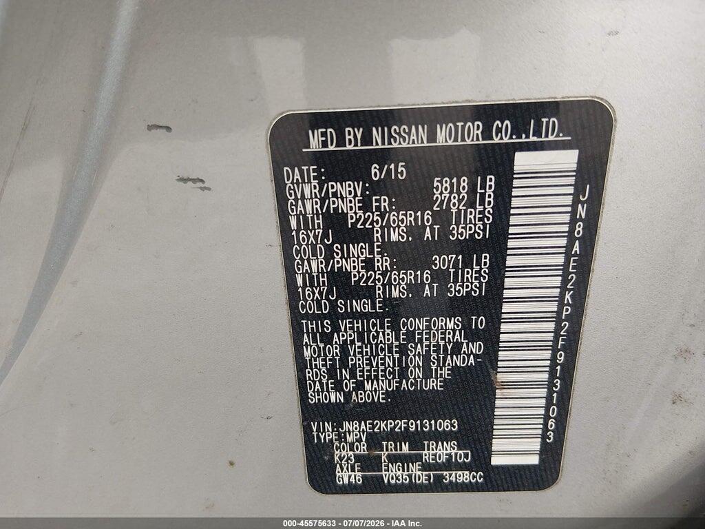 JN8AE2KP2F9131063 2015 NISSAN QUEST photo no. 9