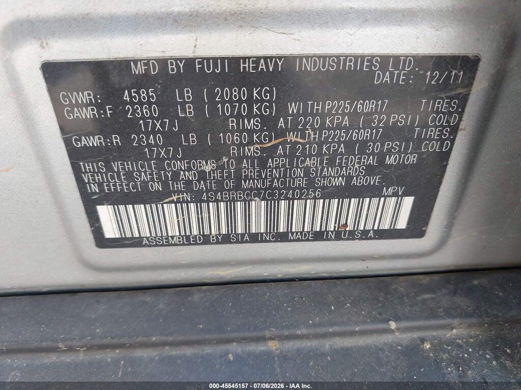 4S4BRBCC7C3240256 2012 SUBARU OUTBACK photo no. 9