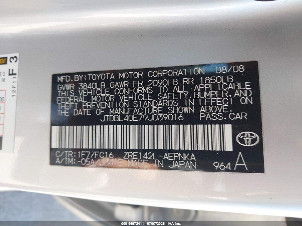 JTDBL40E79J039016 2009 TOYOTA COROLLA photo no. 9