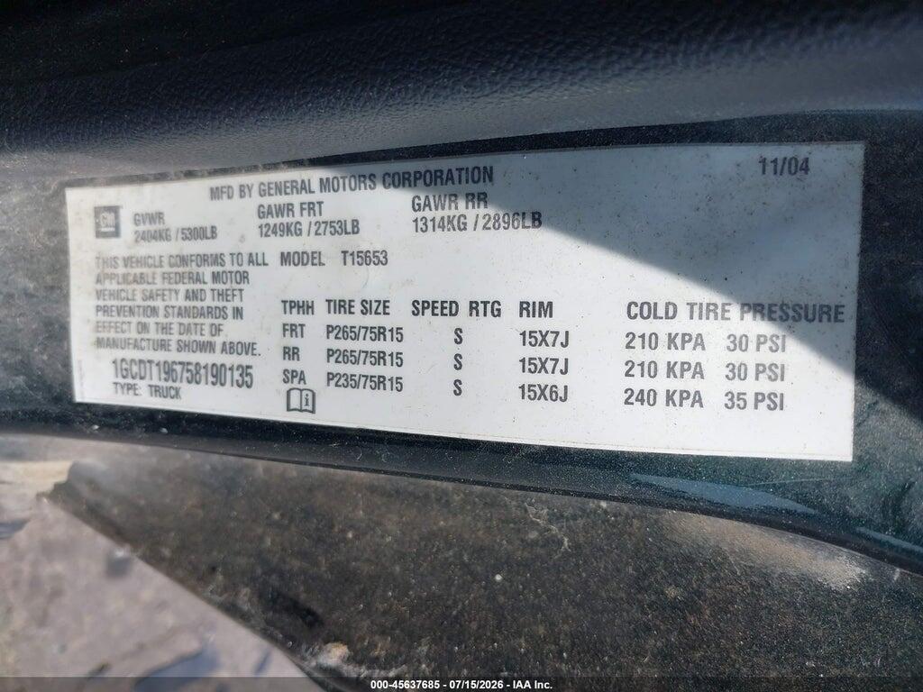 1GCDT196758190135 2005 CHEVROLET COLORADO photo no. 9