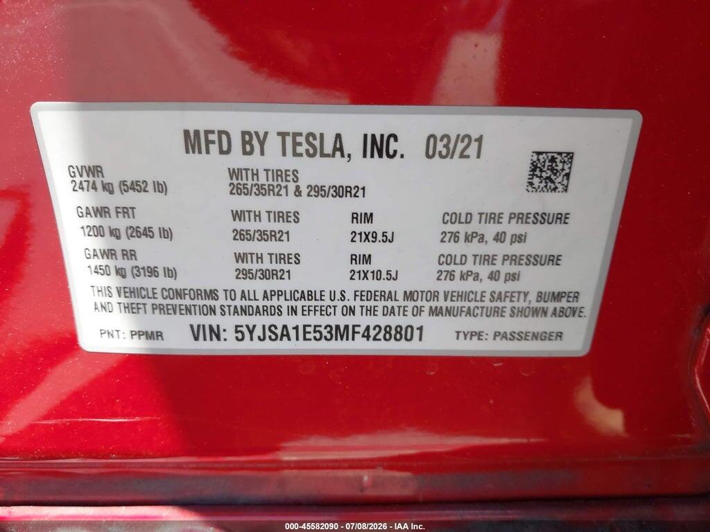 5YJSA1E53MF428801 2021 TESLA MODEL S photo no. 9