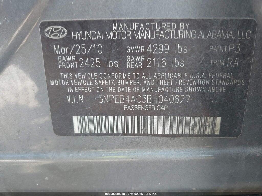 5NPEB4AC3BH040627 2011 HYUNDAI SONATA photo no. 9