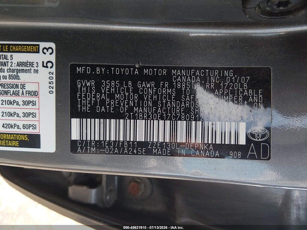 2T1BR30E17C780912 2007 TOYOTA COROLLA photo no. 9