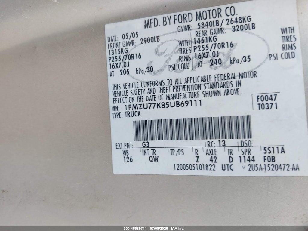 1FMZU77K85UB69111 2005 FORD EXPLORER SPORT TRAC photo no. 9