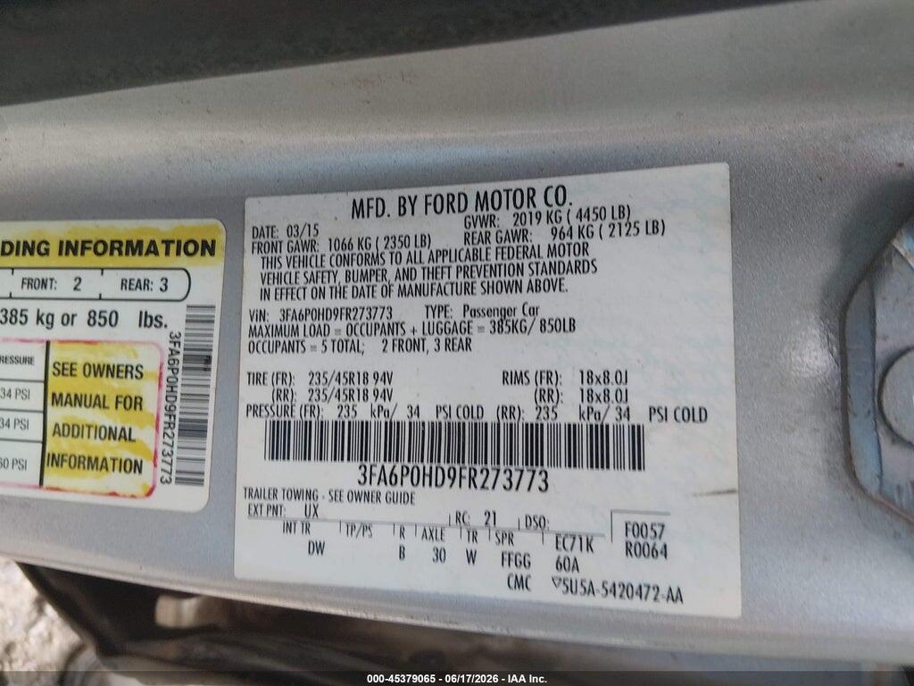 3FA6P0HD9FR273773 2015 FORD FUSION photo no. 9