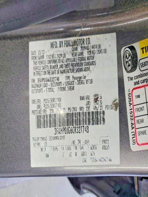 3FAHP0JG6CR327748 2012 FORD FUSION photo no. 12
