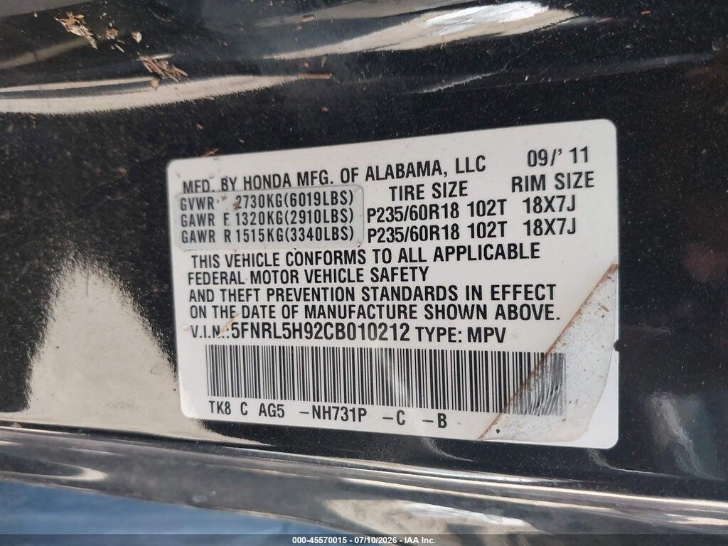 5FNRL5H92CB010212 2012 HONDA ODYSSEY photo no. 9