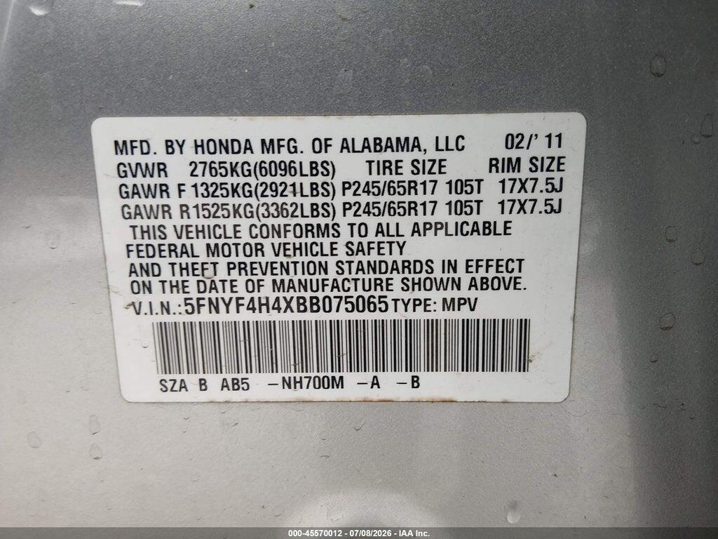 5FNYF4H4XBB075065 2011 HONDA PILOT photo no. 9