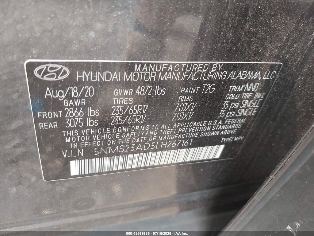 5NMS23AD5LH267161 2020 HYUNDAI SANTA FE photo no. 9