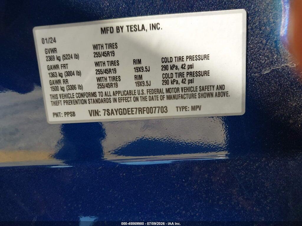 7SAYGDEE7RF007703 2024 TESLA MODEL Y photo no. 9