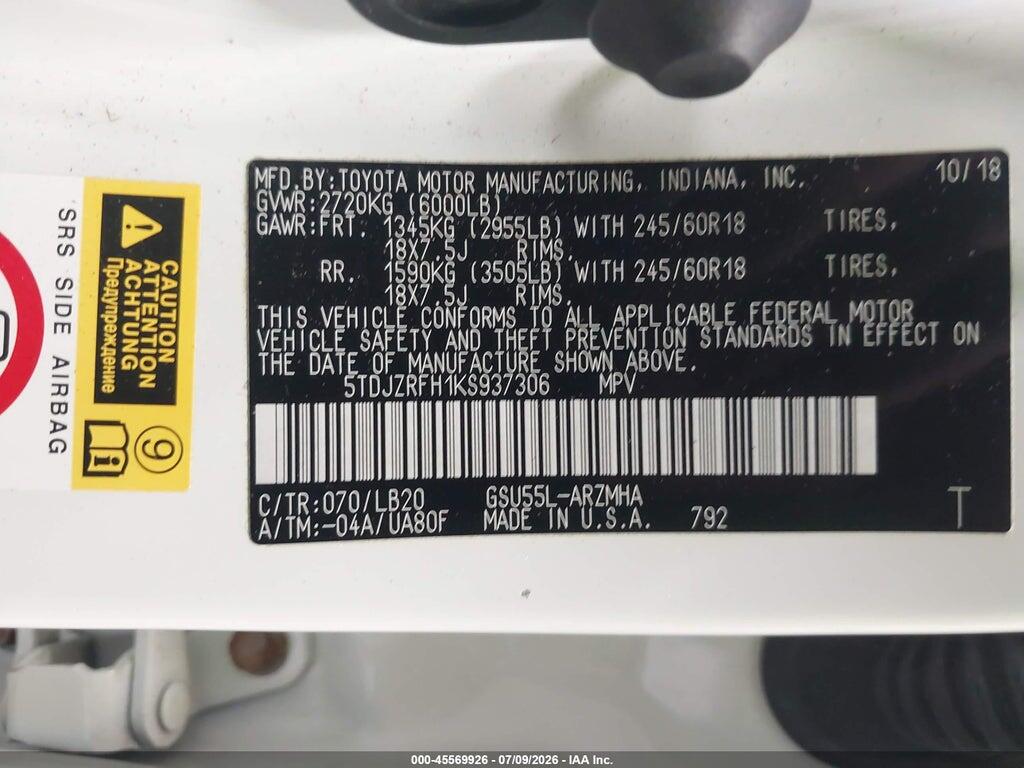 5TDJZRFH1KS937306 2019 TOYOTA HIGHLANDER photo no. 9