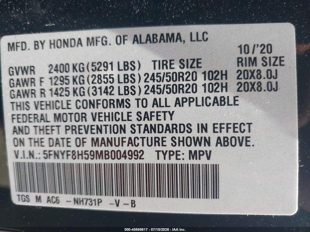 5FNYF8H59MB004992 2021 HONDA PASSPORT photo no. 9