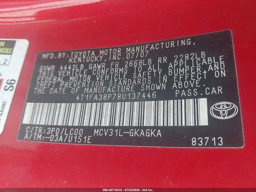 4T1FA38P78U137446 2008 TOYOTA CAMRY SOLARA photo no. 9