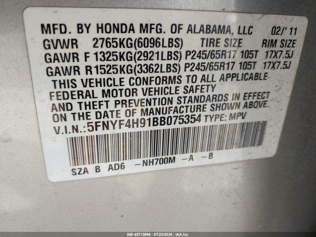 5FNYF4H91BB075354 2011 HONDA PILOT photo no. 9