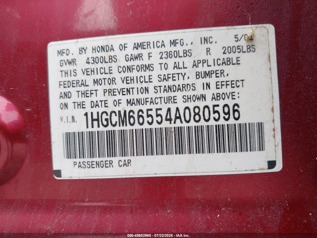 1HGCM66554A080596 2004 HONDA ACCORD photo no. 9