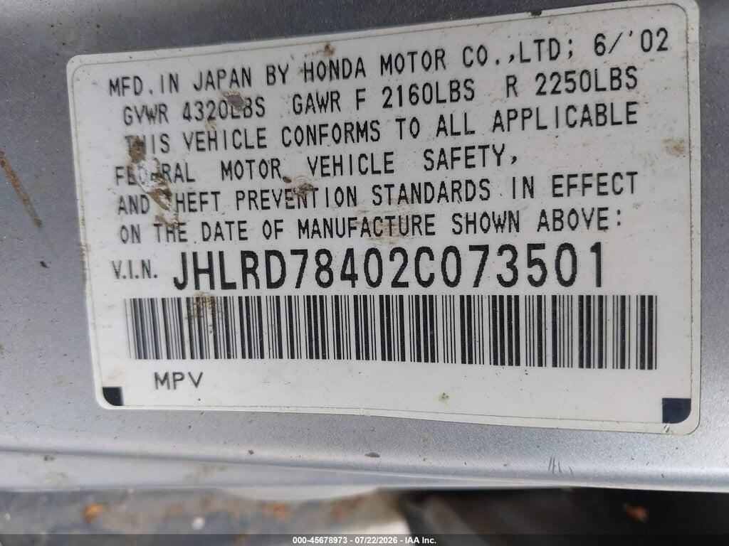JHLRD78402C073501 2002 HONDA CR-V photo no. 9