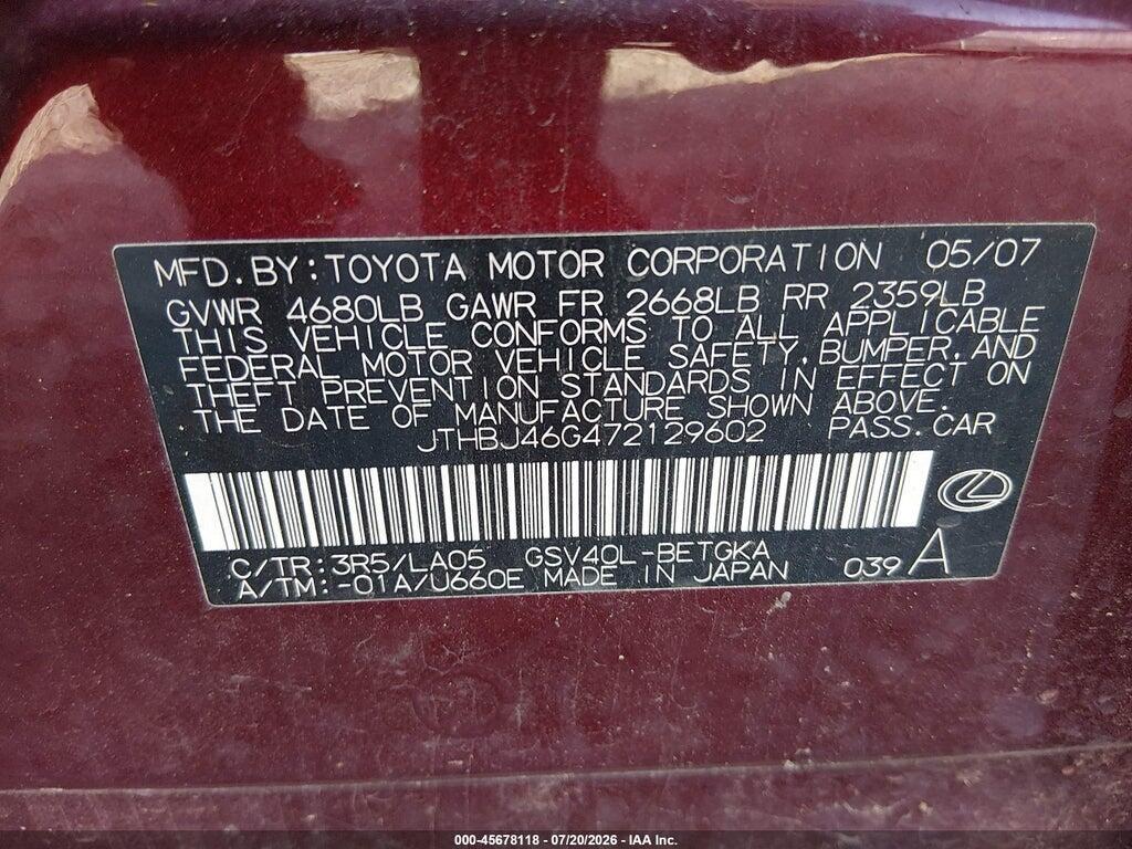 JTHBJ46G472129602 2007 LEXUS ES 350 photo no. 9
