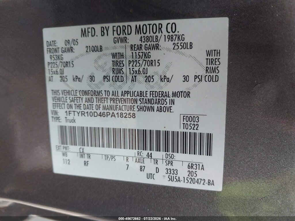 1FTYR10D46PA18258 2006 FORD RANGER photo no. 9