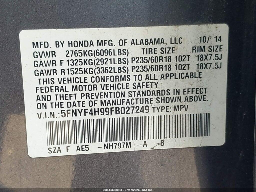 5FNYF4H99FB027249 2015 HONDA PILOT photo no. 9