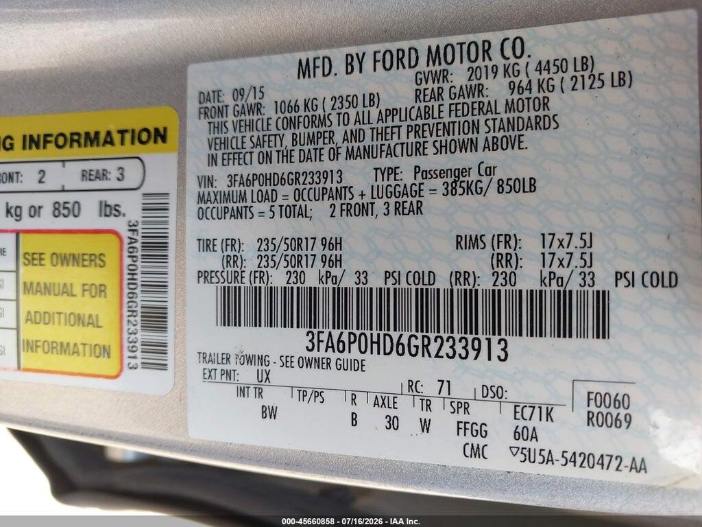 3FA6P0HD6GR233913 2016 FORD FUSION photo no. 9