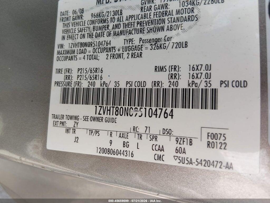 1ZVHT80N095104764 2009 FORD MUSTANG photo no. 9