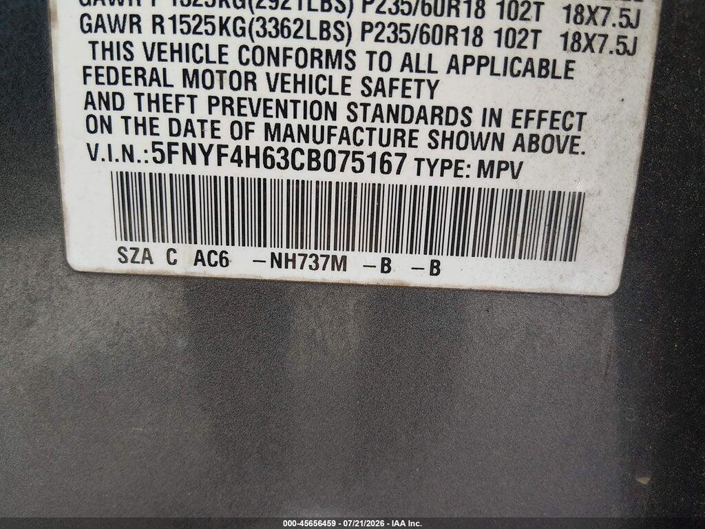 5FNYF4H63CB075167 2012 HONDA PILOT photo no. 9