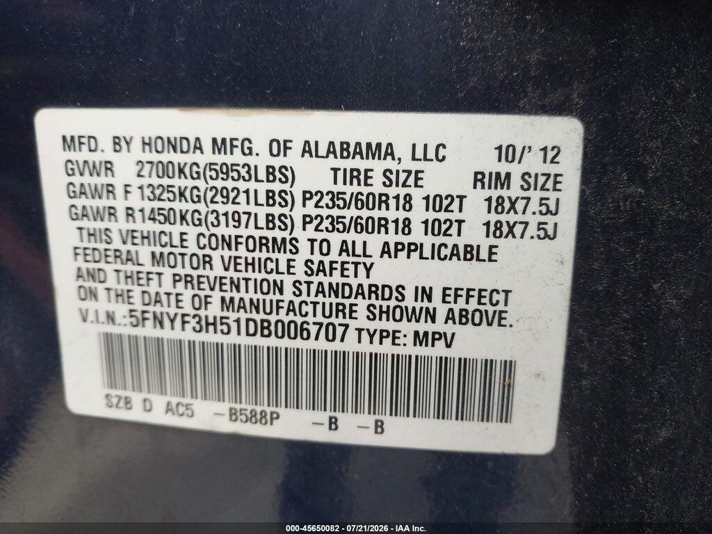 5FNYF3H51DB006707 2013 HONDA PILOT photo no. 9