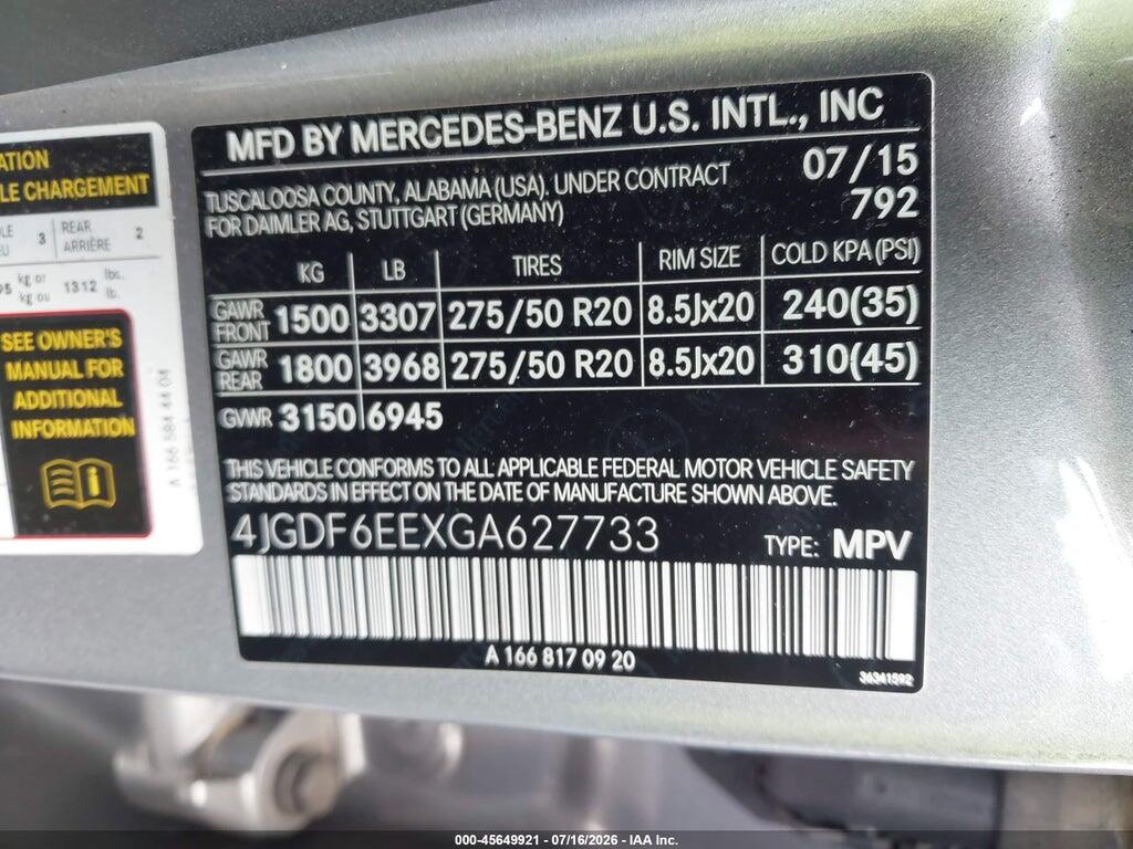 4JGDF6EEXGA627733 2016 MERCEDES-BENZ GL 450 photo no. 9