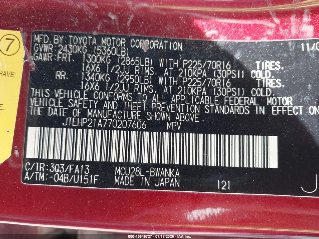 JTEHP21A770207606 2007 TOYOTA HIGHLANDER photo no. 9