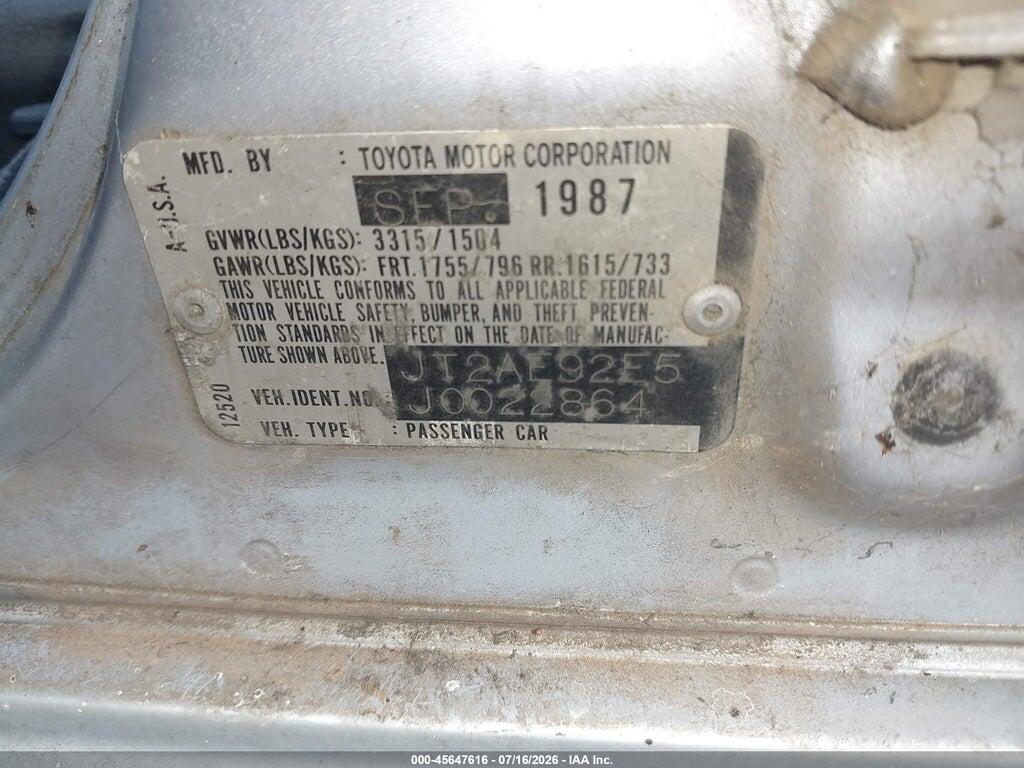 JT2AE92E5J0022864 1988 TOYOTA COROLLA photo no. 9