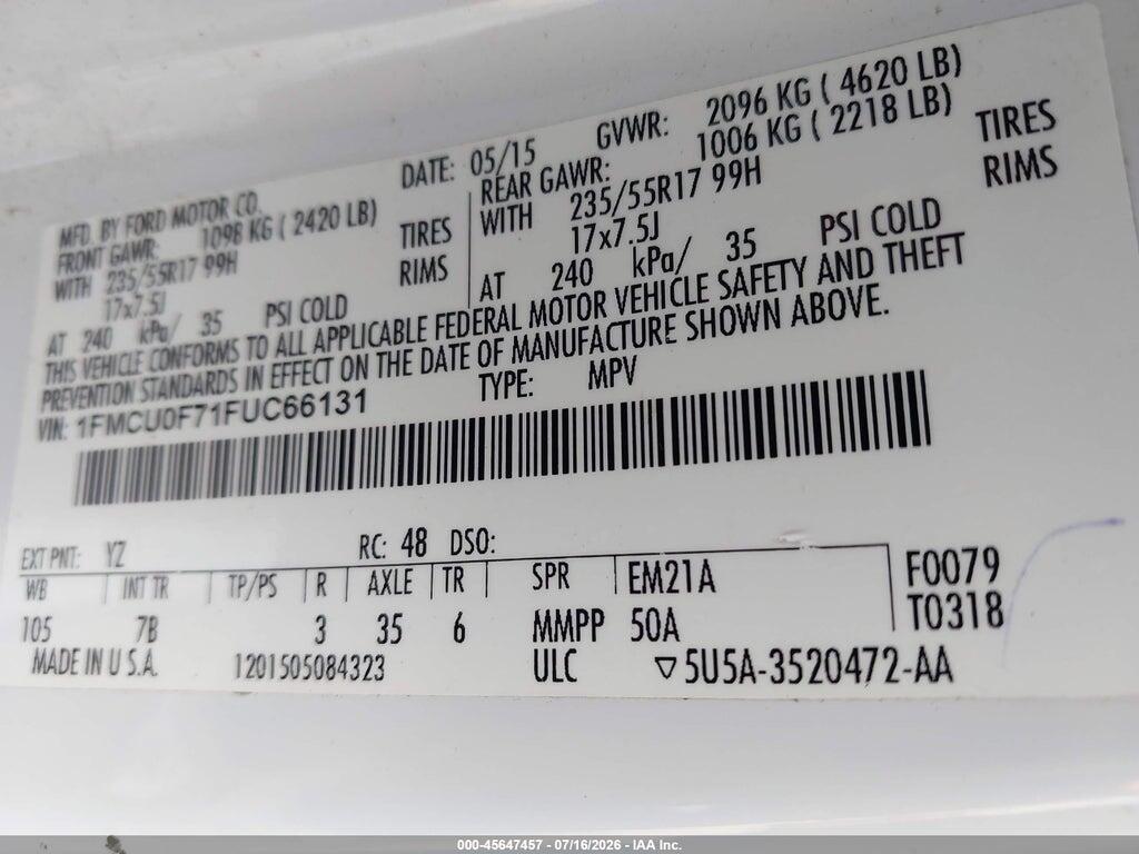 1FMCU0F71FUC66131 2015 FORD ESCAPE photo no. 9
