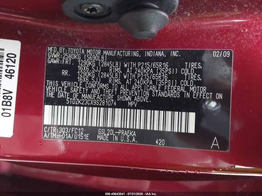 5TDZK23CX9S281074 2009 TOYOTA SIENNA photo no. 9