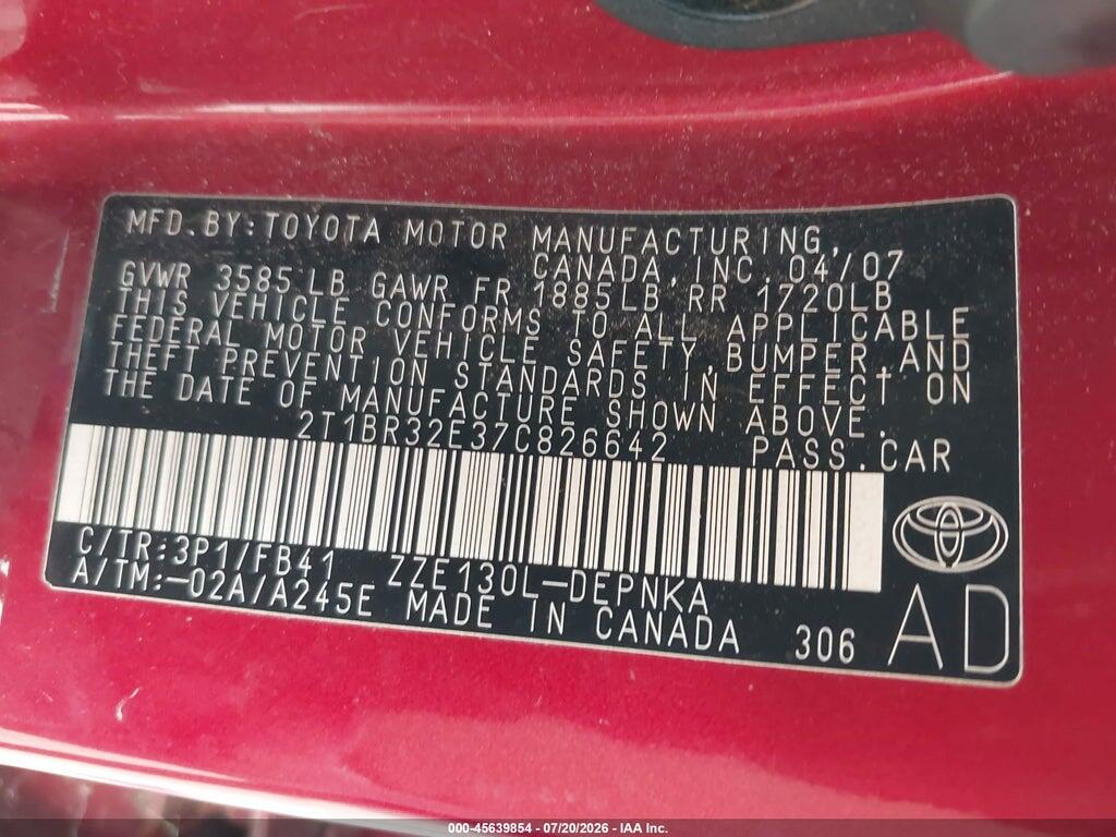 2T1BR32E37C826642 2007 TOYOTA COROLLA photo no. 9