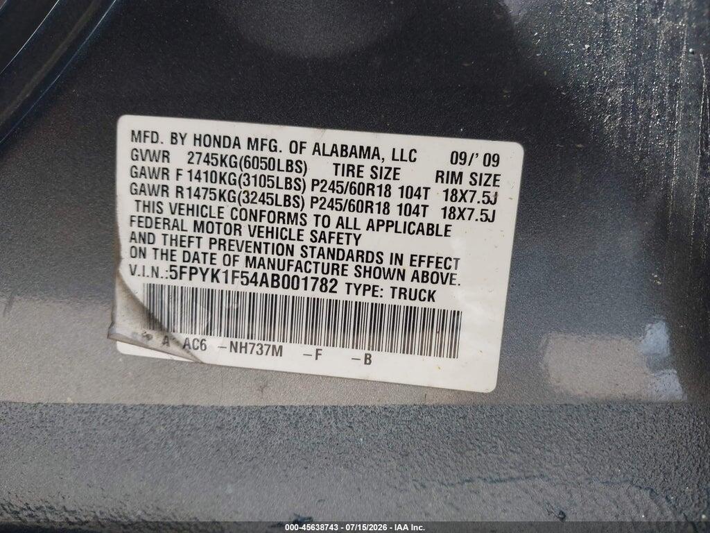 5FPYK1F54AB001782 2010 HONDA RIDGELINE photo no. 9