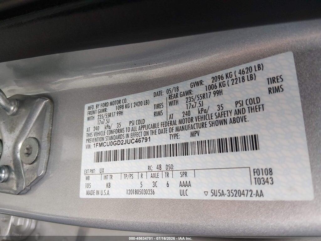 1FMCU0GD2JUC46791 2018 FORD ESCAPE photo no. 9
