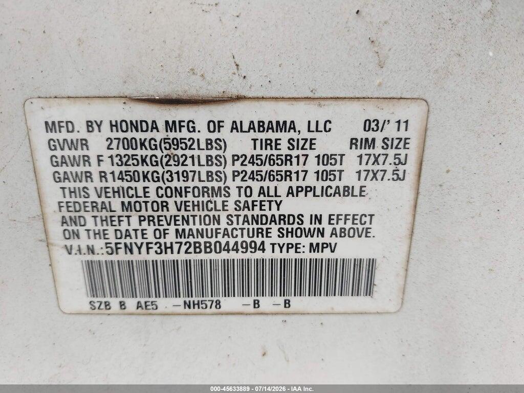 5FNYF3H72BB044994 2011 HONDA PILOT photo no. 9