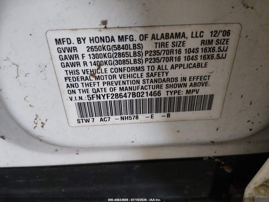 5FNYF28647B021466 2007 HONDA PILOT photo no. 9