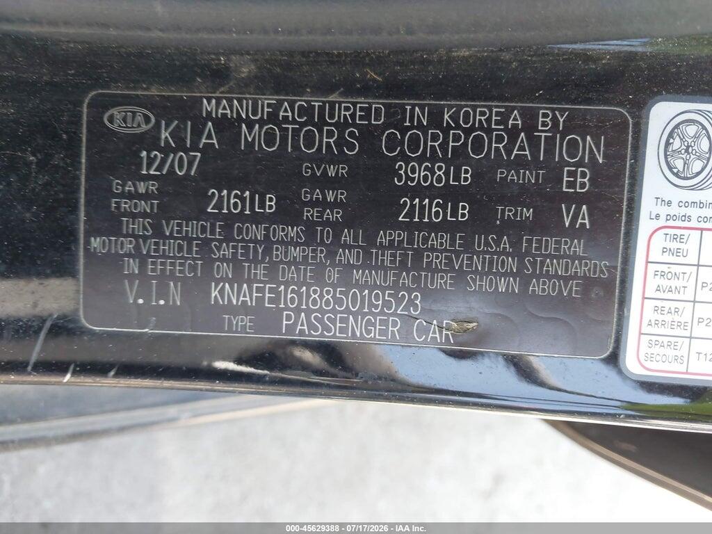 KNAFE161885019523 2008 KIA SPECTRA5 photo no. 9