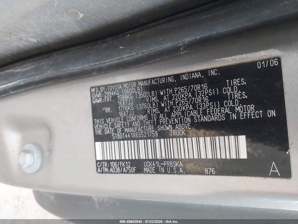 5TBDT441X6S521759 2006 TOYOTA TUNDRA photo no. 9